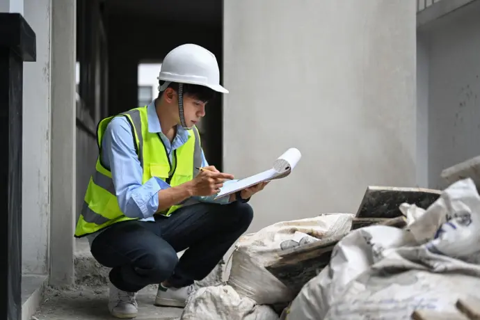 A project engineer inspecting site and load